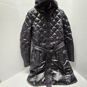 Puffer Quilt Black Womens BCBG Maxazria Womens Jacket Coat Belt Full Zip Long S